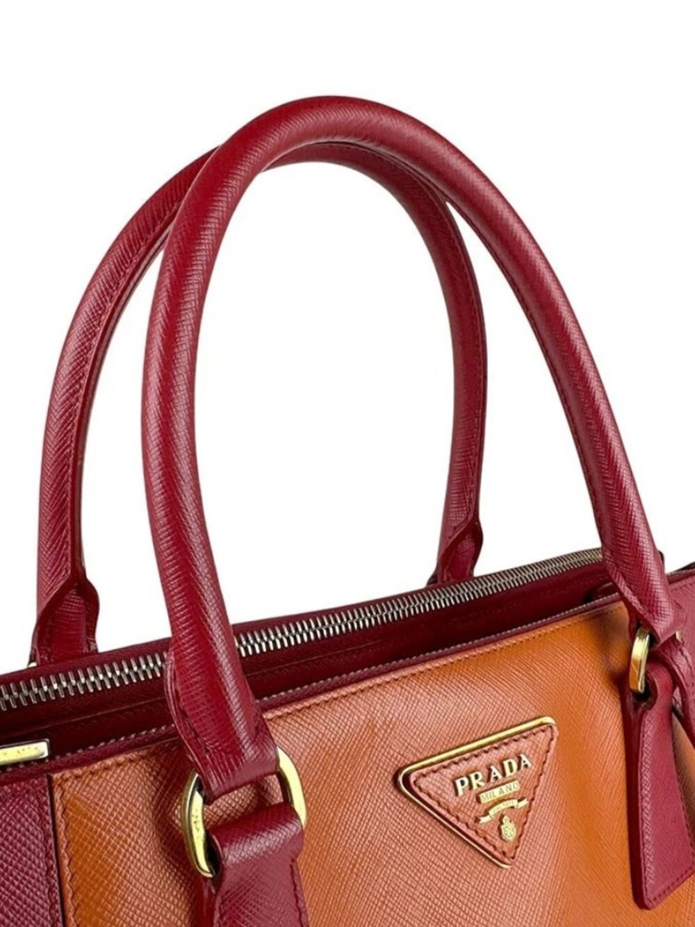 Auth PRADA Logo Handbag Shoulder Bag Red/Orange Leather/Goldtone - Picture 7 of 13